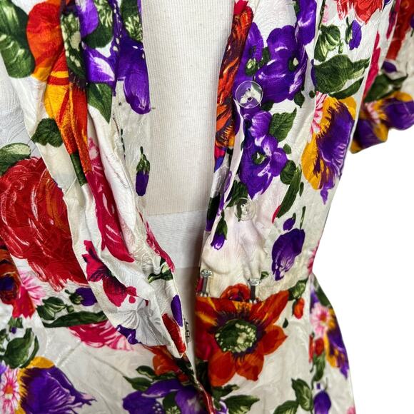 Vintage 80s Silk Floral Faux Wrap Midi Shirt Dress Oleg Cassini Womens Size 6 - Picture 5 of 7